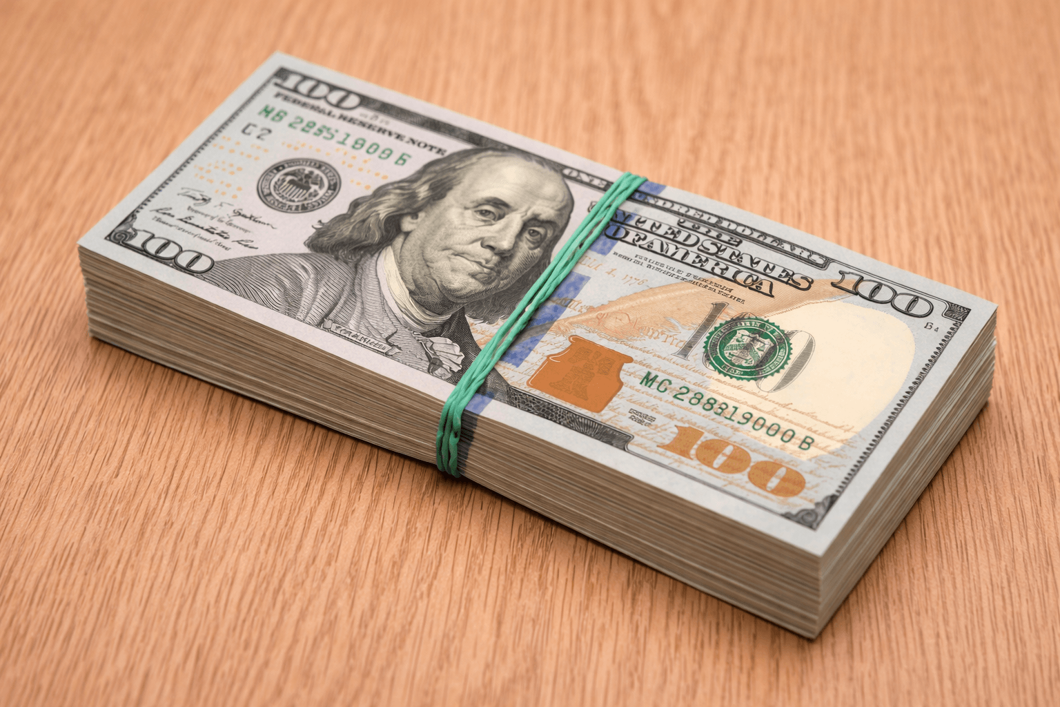 Stack of US hundred dollar bills on a wooden table